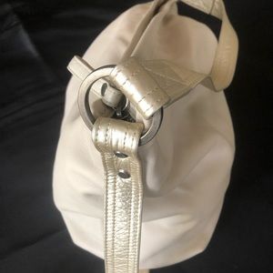 Rough and Tumble Leather Hoop Style  bag in Bone with Platinum details.